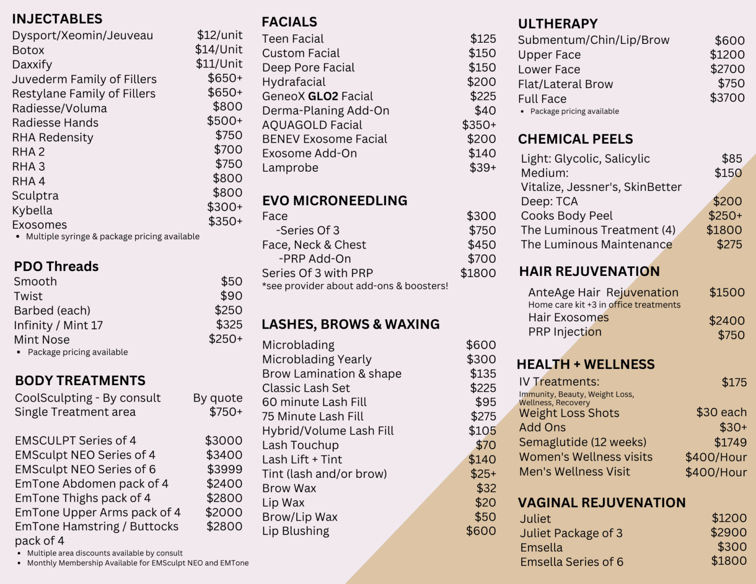 Austin Skin and Wellness Pricing Menu